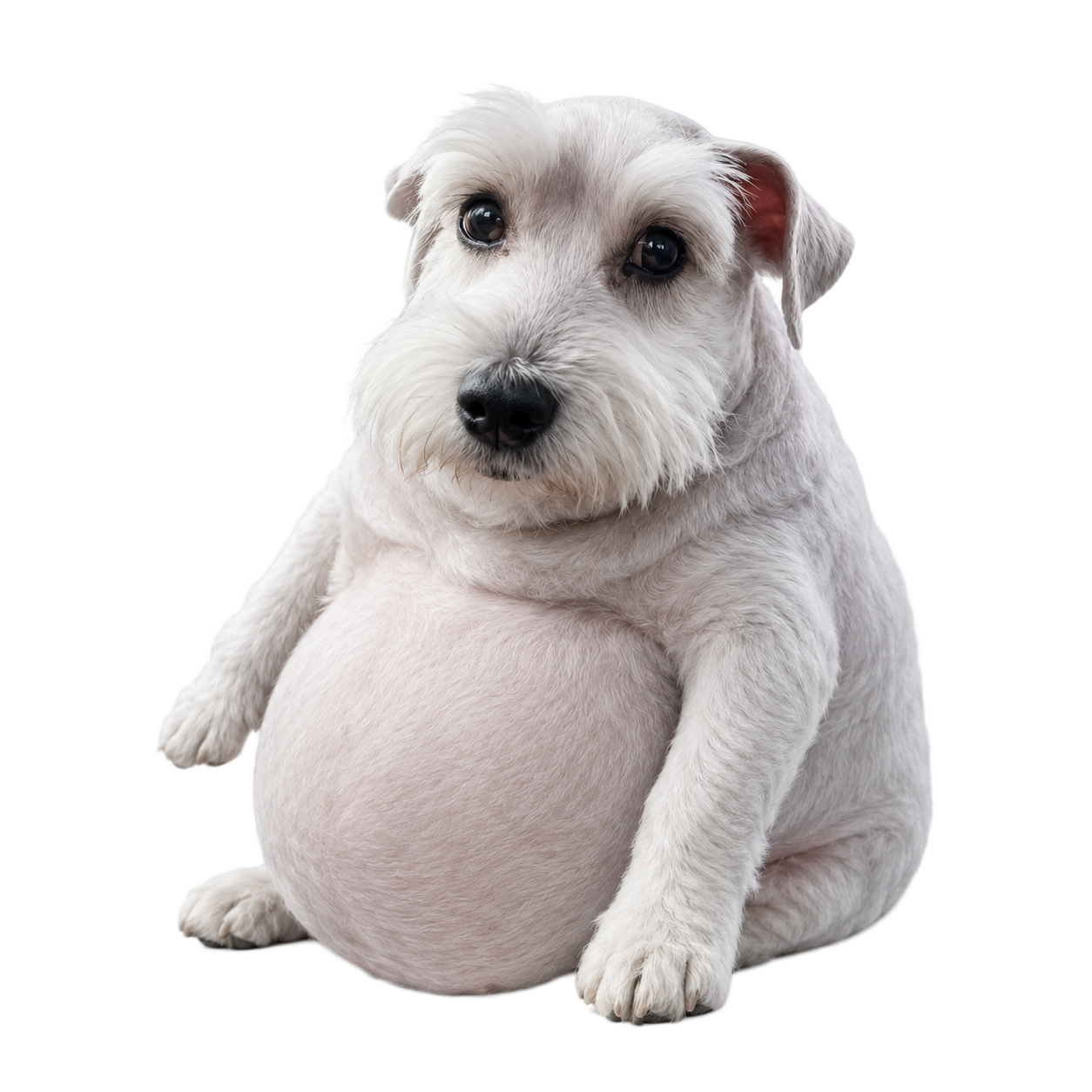 A round white dog looking up
